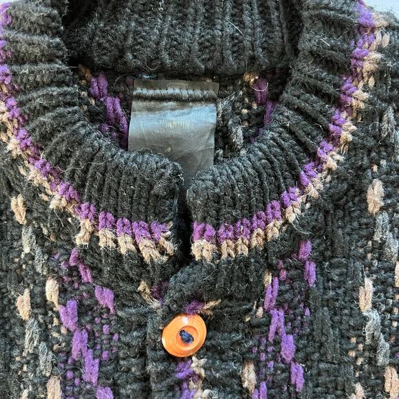 Vintage Chunky Hand Knit Striped Cardigan Sweater Black Purple Grandpa L Preppy - Picture 10 of 11